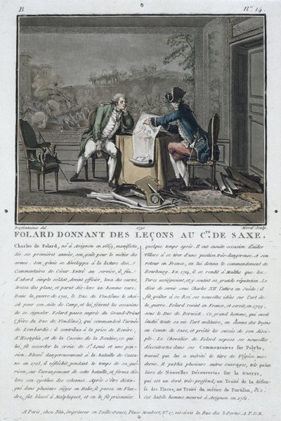 Charles, Chevalier de Folard (1699-1751) instrueert de Graaf van Saksen (1696-1750), gegraveerd door Jean Baptiste Morret (fl.1790-1820), 1790 door Jacques Francois Joseph Swebach